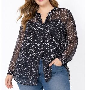 KUT From The Kloth Black White Ditsy Dot‎ Sheer Long Sleeve Button Up Shirt 1X